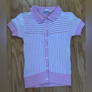Zara Pink and White Striped Collared Top
